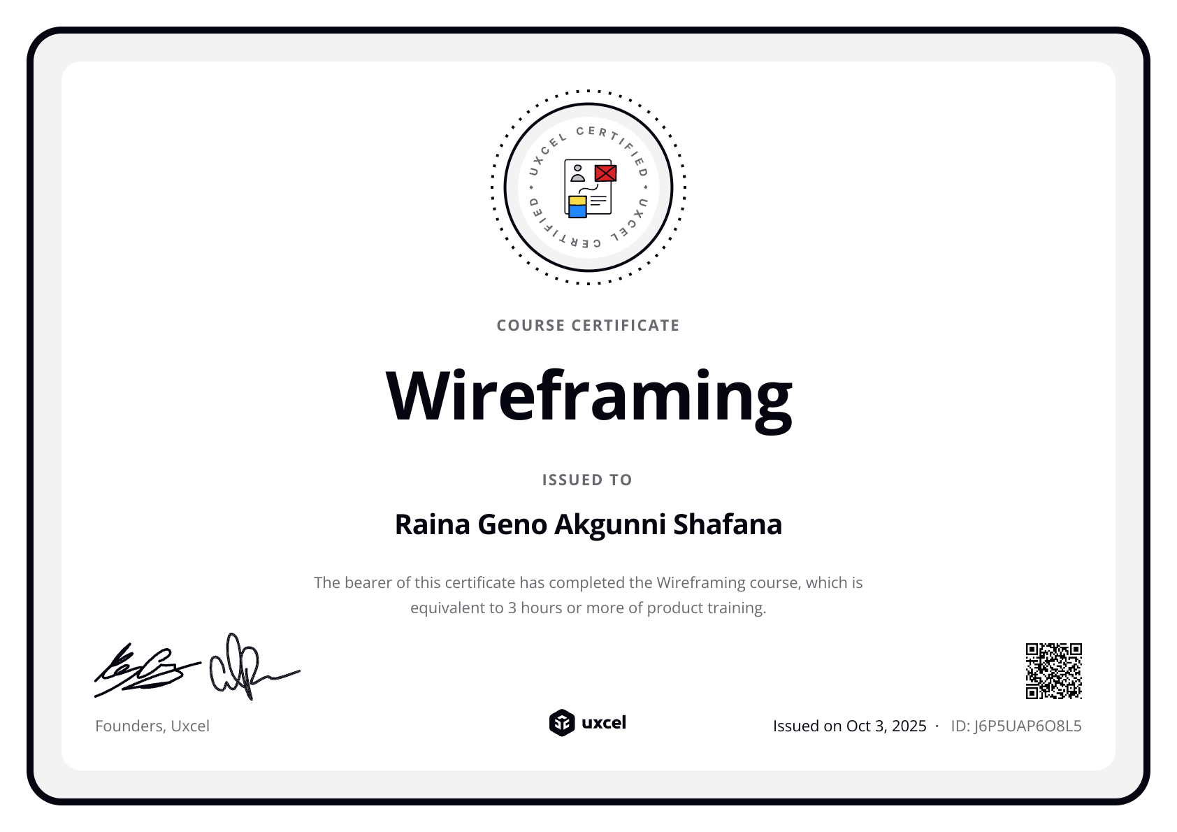 Raina Geno Akgunni Shafana's certificate